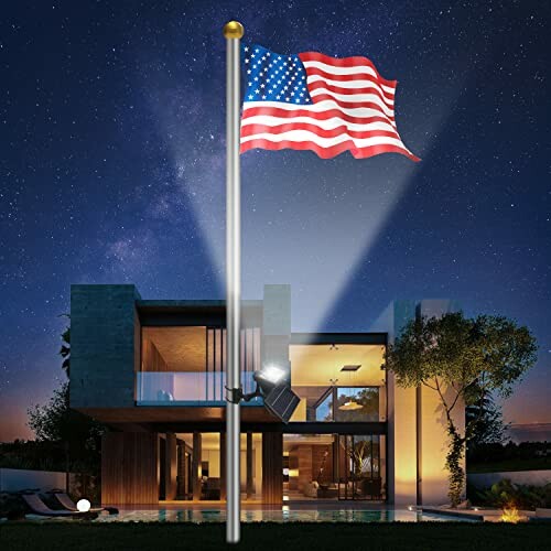 Modern house with American flag and solar light at night