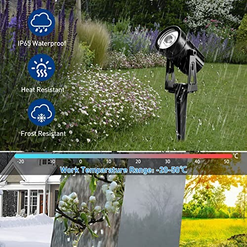 Weather-resistant outdoor garden spotlight demonstrating IP65 waterproof, heat, and frost resistance.