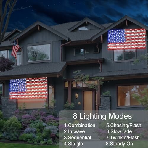 House with American flag themed lights and multiple lighting modes.