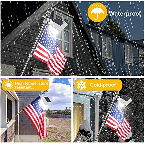 Solar flagpole light with American flag in various weather conditions.