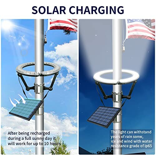 Solar charging flagpole light with solar panel and IP65 water resistance.