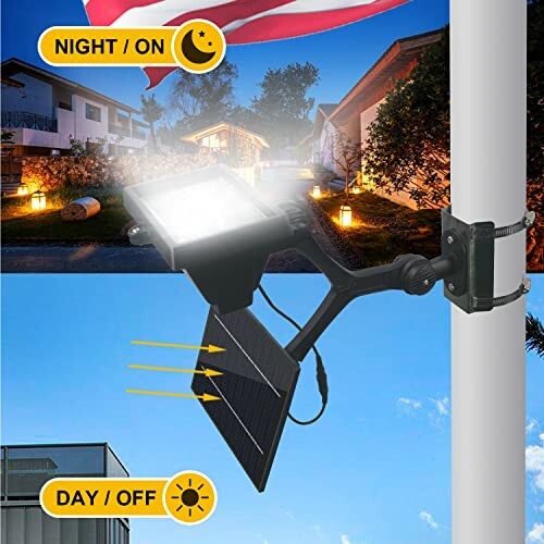 Solar flagpole light with day and night mode illustration.