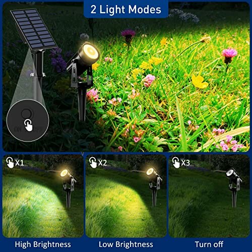 Solar garden light with two modes: high and low brightness.