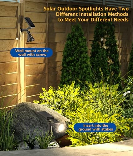 Solar outdoor spotlights with wall and ground installation options in a garden.